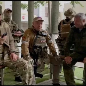 Founder of Wagner private mercenary group Yevgeny Prigozhin and Russian Wagner Group fighters at the headquarters of the Southern Military District of the Russian Armed Forces in Rostov-on-Don