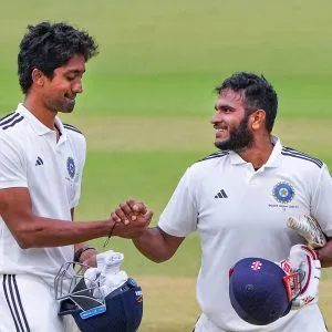South Zone batters R Sai Kishore (L) and Vyshak Vijaykumar celebrates the win over North Zone on the last day of second semifinal match of Duleep Trophy South Zone batters R Sai Kishore (L) and Vyshak Vijaykumar celebrates the win over North Zone on the last day of second semifinal match of Duleep Trophy