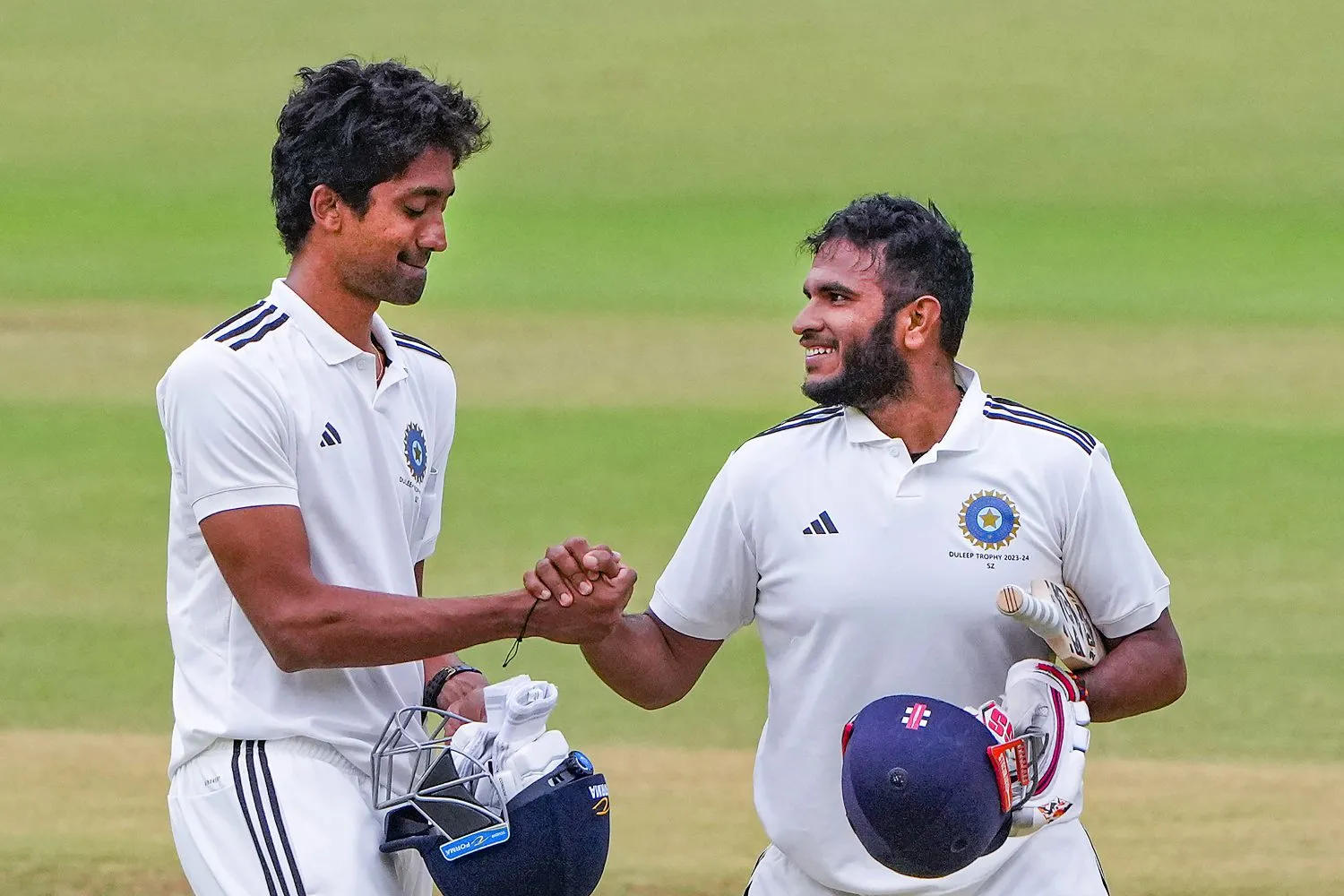 South Zone batters R Sai Kishore (L) and Vyshak Vijaykumar celebrates the win over North Zone on the last day of second semifinal match of Duleep Trophy South Zone batters R Sai Kishore (L) and Vyshak Vijaykumar celebrates the win over North Zone on the last day of second semifinal match of Duleep Trophy