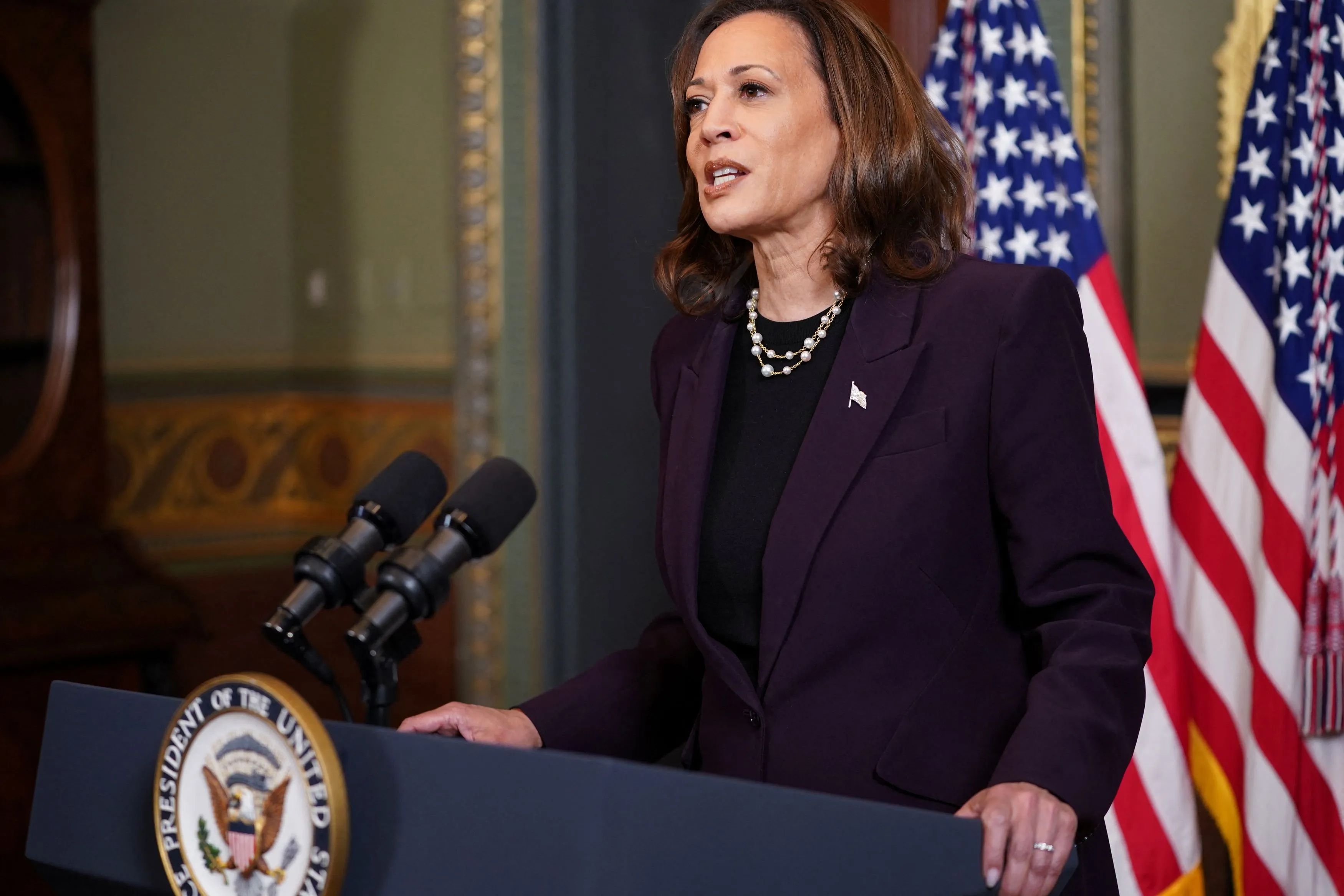 U.S. Vice President Kamala Harris delivers remarks at a press conference, in Washington