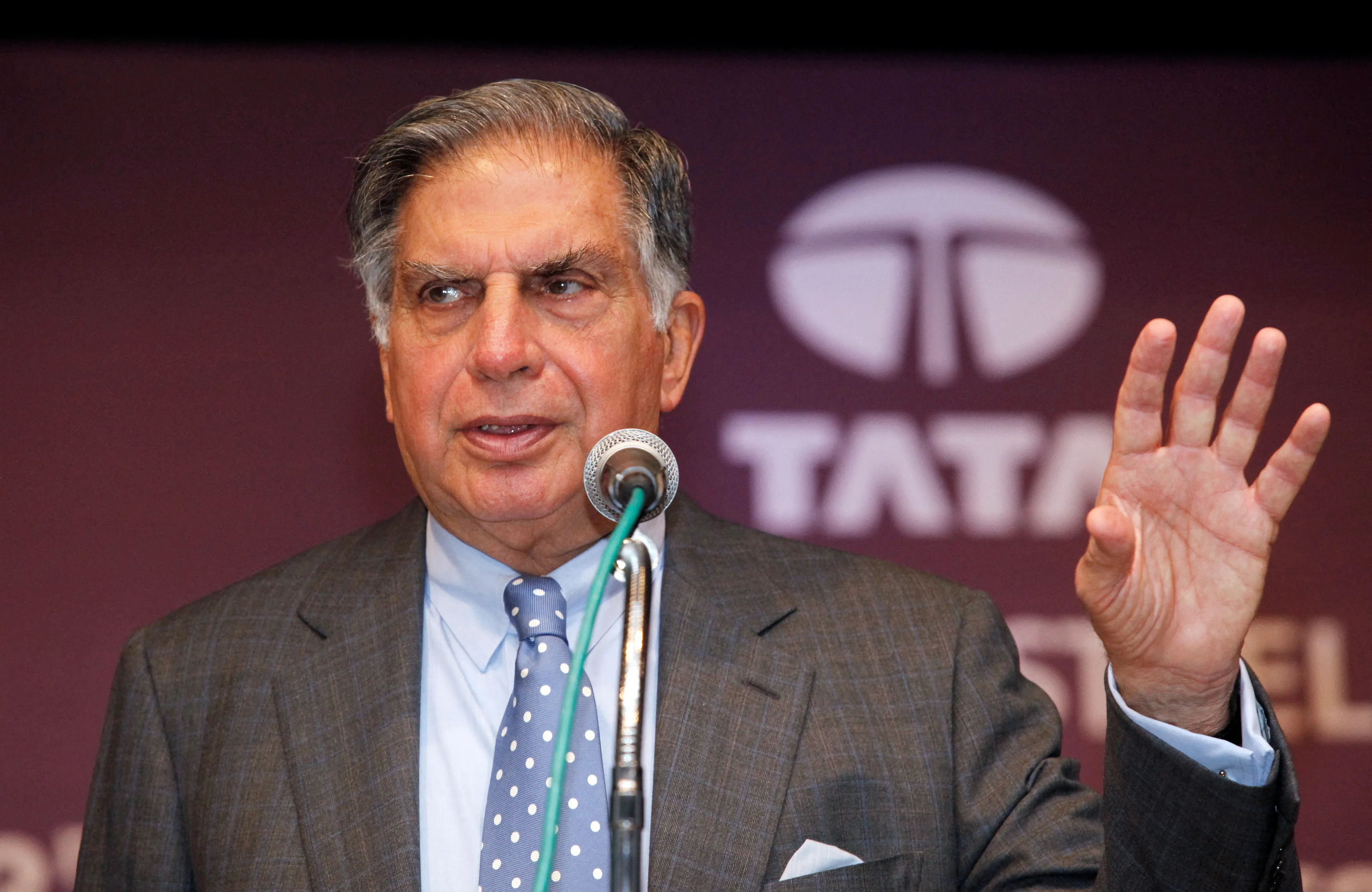 FILE PHOTO: Ratan Tata gestures during the annual general meeting of Tata Steel Ltd., in Mumbai
