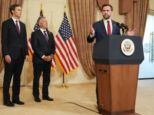 U.S. Vice President JD Vance speaks during a news conference after meeting with representatives from Pakistan and Iran as Jared Kushner and Steve Witkoff, Special Envoy for Peace Missions, listen, on Sunday, April 12, 2026, in Islamabad, Pakistan.. Jacquelyn Martin/Pool via REUTERS