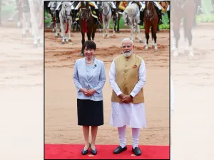 Prime Minister Narendra Modi with Japanese Prime Minister Sanae Takaichi at Hyderabad House in New Delhi.